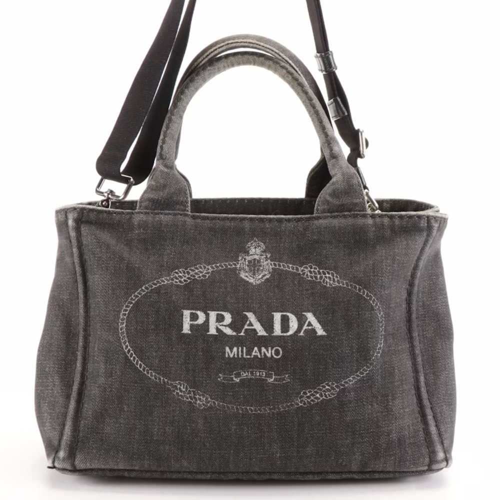Prada Canapa Denim Tote Handbag in Black